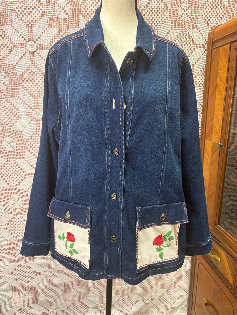 Upcycled  Denim Jacket with Rose Pockets Sz XL